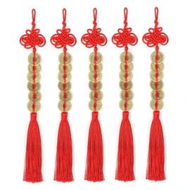 Topxome Retro 6 Coins Red Chinese Knot Copper Feng Shui Wealth Success Lucky Charm Home Car Hanger Decors (Pack of 5)