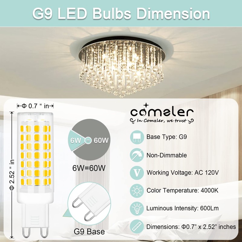 comzler G9 LED Bulb 4000K Natural Daylight, 6W 60 Watt
