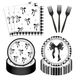 Black Bow Birthday Party Supplies Girl Coquette Birthday Paper Plates Napkins Dessert Tableware Set for Tying The Knot Bridal Shower Bachelorette Bow Party Serve 24 Guests