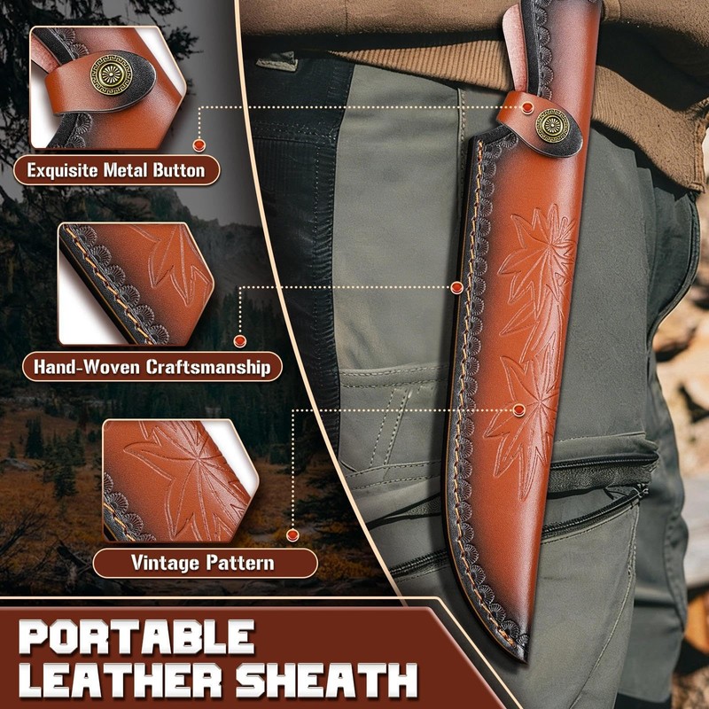 Hunting Knife with Leather Sheath, Full Tang Fixed Blade Knife