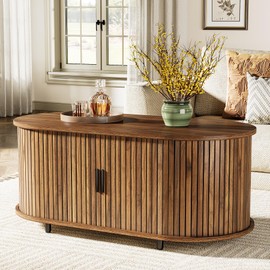 Tribesigns Coffee Table with Storage, 47.24" Mid Century Modern Wood Oval Center Table, 2-Tier Tea Cocktail Table with Sliding Door for Living Room, Rustic Brown