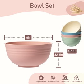 Colorful Wheat Straw Bowls 4-Pack, Unbreakable Cereal/Salad Bowls, Microwave & Dishwasher Safe, Lightweight Eco-Friendly Tableware