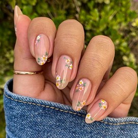 Spring Flower Press on Nails Medium Length Pink Fake Nails with Glue Small Floral Daisy Design False Nails Almond Shape Glossy Acrylic Nails for Women DIY Manicure Decoration 24PCS