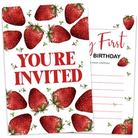 VIVORA 1st Berry Birthday Invitation Card for Boys Girls, Strawberry Theme Birthday Party Invites, 30 Cards & 30 Envelopes, 4x6 Inches, Double-Sided