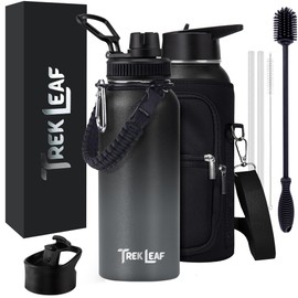 Trek Leaf Travel Water Bottle with Carrying Bag, 3 Lids (Spout, Straw, Flip), and Bottle Brush; Leak Proof, Quality, Vacuum Insulated, Stainless Steel (Charcoal Fog, 32 oz)