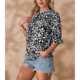 Vipwest Women's Elbow Sleeve Mock Neck Tops Women Summer Floral Chiffon Blouse Business Dressy Casual Office Work (Black Flower, Medium)