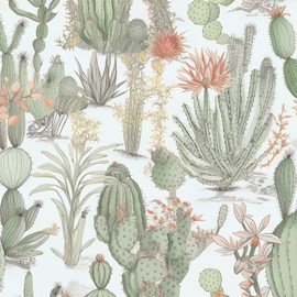 Fvlow Cactus Floral Wallpaper Peel and Stick Vintage Green Floral Contact Paper White Floral Wallpaper Waterproof Self-Adhesive Wall Covering for Bedroom Countertop Desk Cabinets Decor 17.4" x 118"