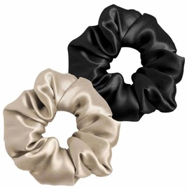 100% Silk Hair Rings Women's Ponytail Holder Silk Hair Band Packaging Reusable (Taupe + Black, 2)