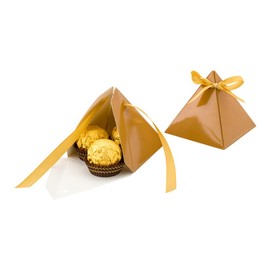 Restaurantware Pastry Tek 3 Inch Pyramid Favor Boxes, 100 Pyramid Triangle Gift Boxes - Satin Ribbon, Disposable, Brown Paper Triangle Candy Boxes, For Weddings Or Parties