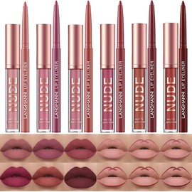 LANGMANNI- lápices labiales mate con 6 delineadores de labios, brillo labial nude duradero, taza antiadherente de larga duración, no se decolora, kit 