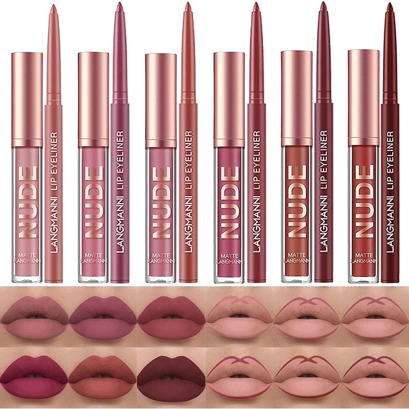 LANGMANNI- lápices labiales mate con 6 delineadores de labios, brillo