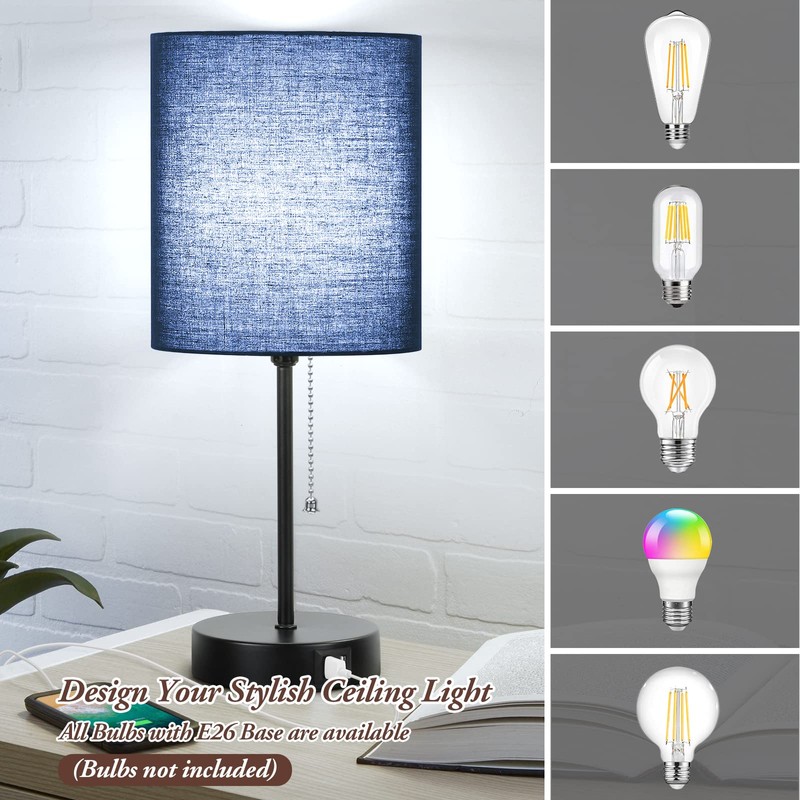 Table Lamps Set of 2 with USB Charging Ports, Blue