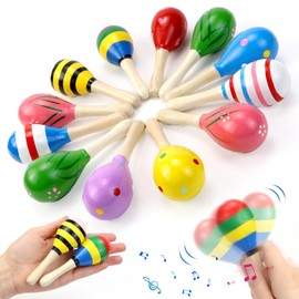 Jeinbuil Pack of 12 Maracas Wooden Rattle Baby Rattles for Children, Parties and Schools, Children's Party