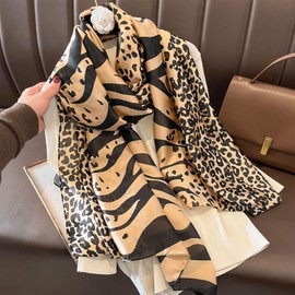 LumiSyne Silk Scarf Women's Warm Soft Silk Scarf Autumn Winter Animal Print Scarf Leopard Peacock Horse Pattern Long Neckerchiefs Sun Protection Stole All Year Round, Leopard Khaki