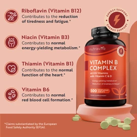 Vitamin B Complex High Strength with Vitamin D + Vitamin C 500 Tablets for +1 Year of Supply, Energy-Yielding Metabolism - Reduction of Tiredness & Fatigue (EFSA) Made in The UK by Nutravita