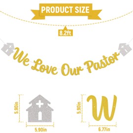 We Love Our Pastor Banner - Pastor Appreciation Banner for Church Clergy, Appreciation for Minister, Thank You for All You Do Sign Gold Glitter