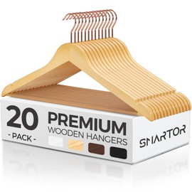 Smartor Wooden Hangers 20 Pack, Solid Wood Coat Hanger for Closet, Heavy Duty Wood Hangers for Suits, Shirts, Dresses, with 360° Rose Gold Hook, Non Slip Pant Bar, Natural