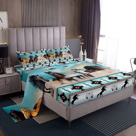Erosebridal Aztec Sheet Set African Tribal Horse Printed Bed Sheets,Farm Animals Fitted Ethnic Tribe Arrow Dream Catcher Top Queen,Southwest Native Exotic Nordic Style Room Decor, Multicolor