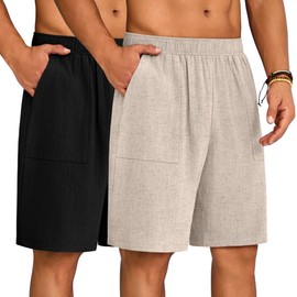 Huukeay 2 Pack Men's Linen Shorts 9" Casual Elastic Waist Drawstring Lightweight Summer Beach Vacation Bottoms with Pockets(Black, Linen,Small)