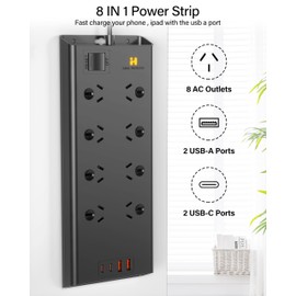 120W Powerboard USB C - Surge Protection Power Board 8AC, Fast Charging Power Strip Surge Protector for Laptops, 8-Outlet with 4 USB Power Outlet, 1.8M Extension Cord and Switch for Home & Office
