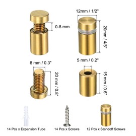 sourcing map 12 Pcs 1/2" x 4/5" Standoff Screws Stainless Steel Wall Mount Sign Mounting Hardware Kit with 14pcs Screws for Hanging Acrylic Glass Signs Advertising Boards, Brushed Gold