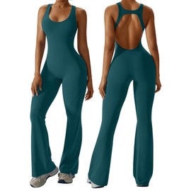 OEAK Womens Flare Jumpsuit with Bra Tummy Control Cutout Romper Workout Outfit Sleeveless Unitard One Piece Backless Bodysuit, Blackish Green, X-Small