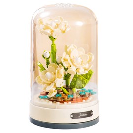 MEIEST Building Blocks Flowers Bouquet Set with Music Box and Dust-Proof Dome,DIY Simulation Artificial Particle Flower Collection Construction Building Bricks Toy,Home Decors (White Jasmine)