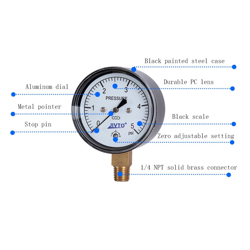 JIVTO 0-5 Psi Low Capsule Pressure Gauge,2-1/2" Dial,1/4" NPT Lower