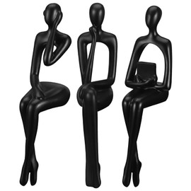 Kichvoe Pack of 3 Modern Resin Figures, Abstract Figure, Abstract Statue, Sitting Thinker, Shelf Decor for Bookshelf, Office, Desk, Living Room (Black)