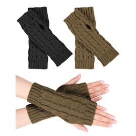 MELLIEX 2 Pairs of Half Fingerless Gloves, Women's Pulse Warmer, Winter Knitted Gloves, Warm Short Half Hand Warmers, Unisex, Black, brown.