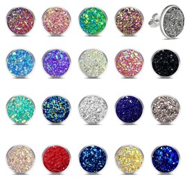 VLYX 20 Pairs Druzy Gemstone Stud Earrings Set | Round Stainless Steel Pierced Earrings for Women | Multicolor Jewelry Gift Set