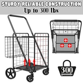 Foldable Shopping Cart with Waterproof Bag, 360° Swivel Wheels & Double Basket, 300lbs Capacity Shopping Cart for Groceries, Heavy Duty Utility Grocery Carts for Shopping, Laundry, Camping, Luggage