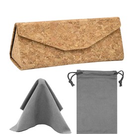 YOKONICO Foldable Eyeglass Case, ECO-Friendly Natural Cork Glasses Case Portable Lightweight Sunglasses Storage Triangular Eyewear Protector Box with Bag & Clean Cloth for Men Women Youth Kids