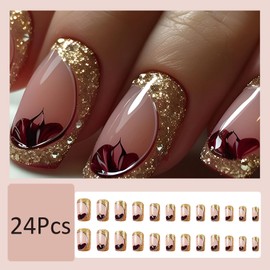 24Pcs Gold Glitter French Tip Press on Nails Short Square Fake Nails with Flower Design Glue on Nails Glossy Artificial Acrylic Full Cover Nude Stick on Nails for Women Daily Wear Finger Manicure