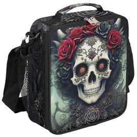 Goth Skull Insulated Lunch Bag for Girls Boys Teen Skeleton Flower Reusable Lunch Box with Shoulder Strap Freezable Thermal Cooler Bag Meal Prep Boxs for School Travel Picnic Beach Lunch Pail