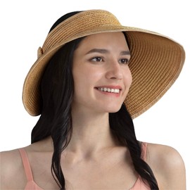 SUN CUBE Sun Visor Hats Women, Straw Beach Hats for Women, Wide Brim Summer Ponytail Hat, Packable Rollup Visor, Travel Foldable UV Protection Sunhat - Brown