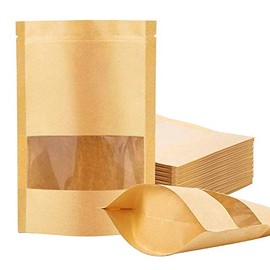 100 Pcs Kraft Paper Bags with Window, 3.9" x 5.9" Stand Up Pouches Bags, Zip Lock Food Storage Bags for Packaging Products, Reusable, Sealable