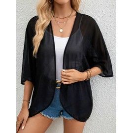 Womens Kimonos Chiffon Cardigan Sheer Beach Cover Up for Women, 3/4 Sleeve Tops Summer Vacation Outfits for Women Black