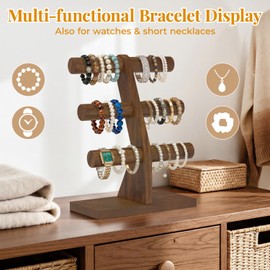 EsLuker.ly Bracelet Holder Display Wooden Stand Organizer, T Bar Bangle Storage Rack for Home Vendors Business Selling, Large Capacity 3 Tier Jewelry Tree Tower for Watches, No Clutter, Brown