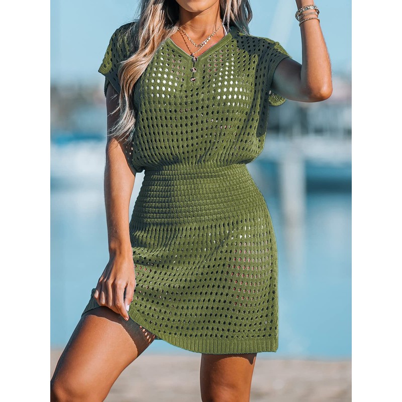 CUPSHE Women's Swimwear Cover Up Crochet Mini Dress Button V