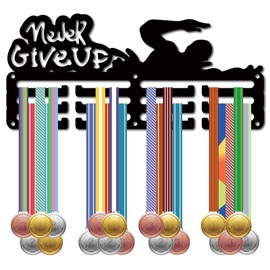 CREATCABIN Swimming Medal Holder Medal Hanger Display Rack Sports Metal Hanging Awards Iron Small Mount Decor Awards for Wall Home Badge Running Swimming Medalist Black 11.4 x 5.1 Inch-Never Give Up
