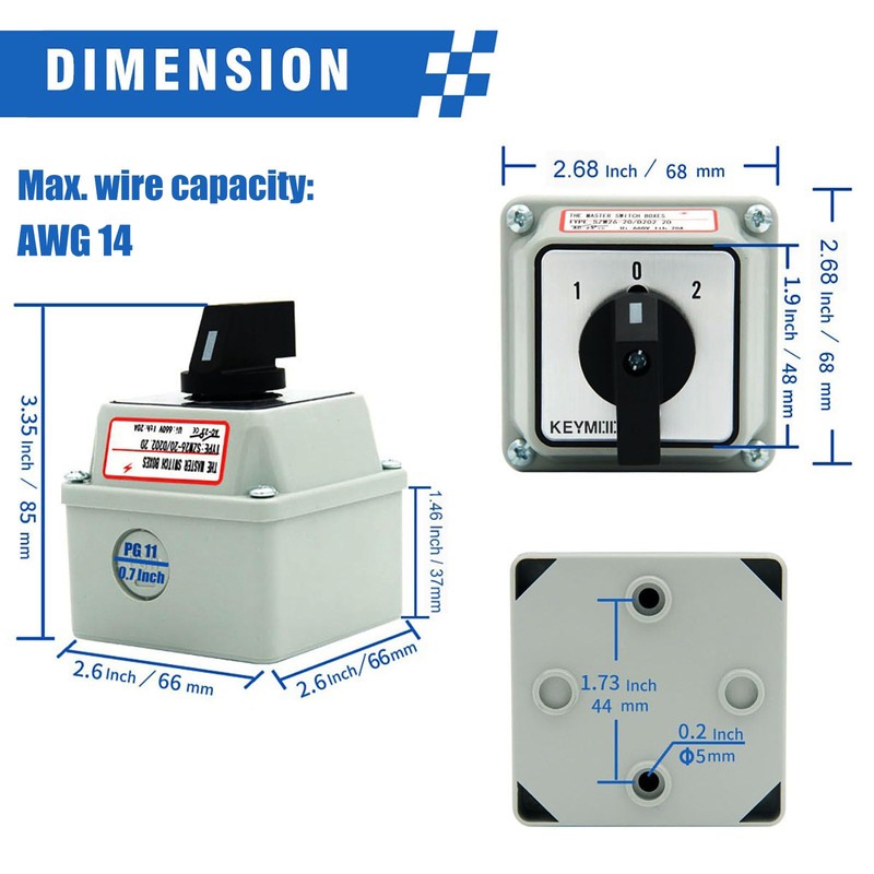 20A Rotary Changeover Switch with Exterior Box, ON-Off-ON 660V Latching
