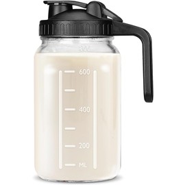 32OZ Mason Jars with Lid, Glass Pitcher Double Leak Proof with Pour Spout Handle, Wide Mouth Breast Milk Pitcher for Fridge, Creamer Container for Coffee Tea Juice (Black)