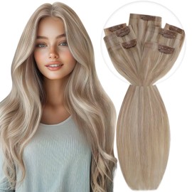 Vivien Seamless Human Hair Clip in Extensions 20 Inch 135g Ash Blonde Highlighted Bleach Blonde Clip in Hair Extensions Blonde PU Clip in Human Hair Extensions 7pcs