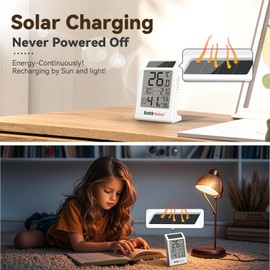 BaldrTherm Humidity Meter Hygrometer, Solar-Powered Room Thermometer Indoor Digital Temperature Sensor Monitor, 3.2''Humidity Gauge for Baby Rooms, Home, Office, 1Pack