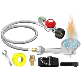NQN High Pressure Cast-Iron Round Burner Head 0-30PSI Adjustable Pressure Propane Regulator with Hose, Propane Burner Head with 5FT Stainless Braided Hose for Turkey Fryer Burners&Cooking Outdoor