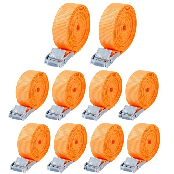Pack of 10 lashing straps, lashing straps, 25 mm x 4 m, lashing straps with clamping lock for bicycles, trolleys, motorcycle luggage, according to DIN EN 12195-2 (colour: orange)