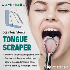 2PCs Medical Grade Tongue Scraper by Vastmed | Stainless Steel Tongue Cleaner, Metal Tongue Scraper with Travel Bag | Tongue Scrubber for Bad Breath, Boost Oral Hygiene