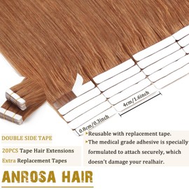 Anrosa 16 Inch Tape In Hair Extensions Brown Invisible Skin Weft Hair Extensions Remy Tape in Human Hair Natural Hair Double Side Tape 20 Pieces 50g Auburn Brown