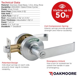 Commercial Door Handle Lock, Bathroom Locks for Home Doors, Vacant Occupied Bathroom Restroom Door Handles, Privacy Lock, Occupied Door Handle (Silver)